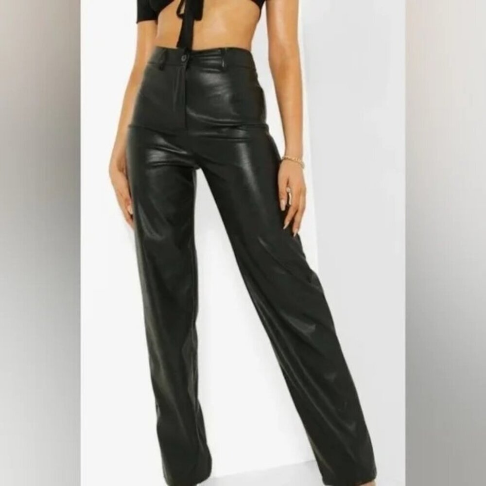 Boohoo Black Faux Leather Pants High Waist Size 16 Split Hem Western Fashion NWT